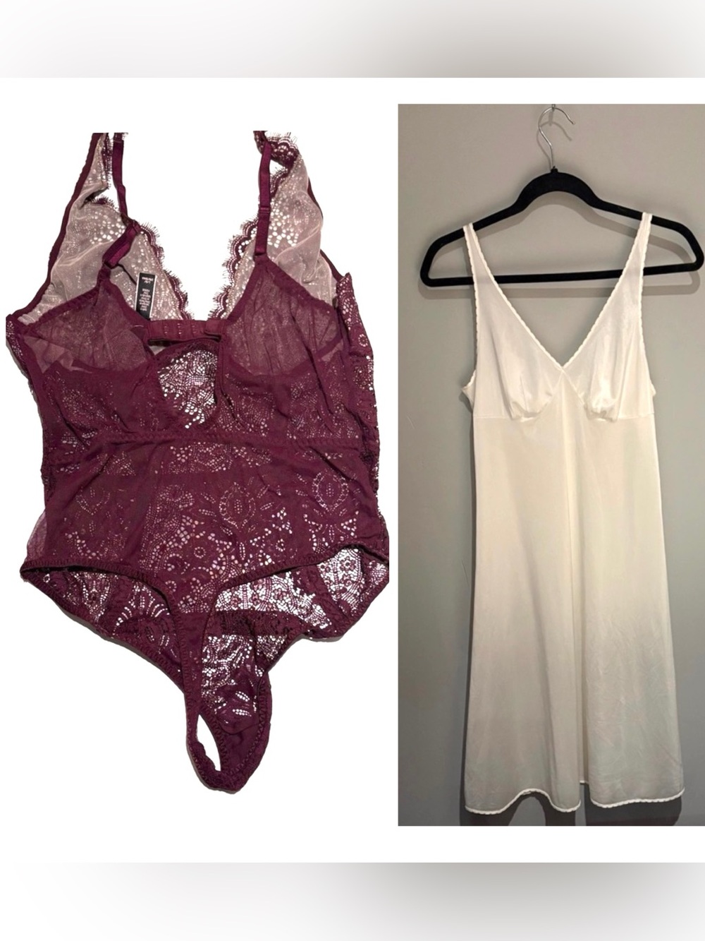 Bundle-Vintage 60s Van Raalte White Satin Slip Dress Medium & Lace Bodysuit Set